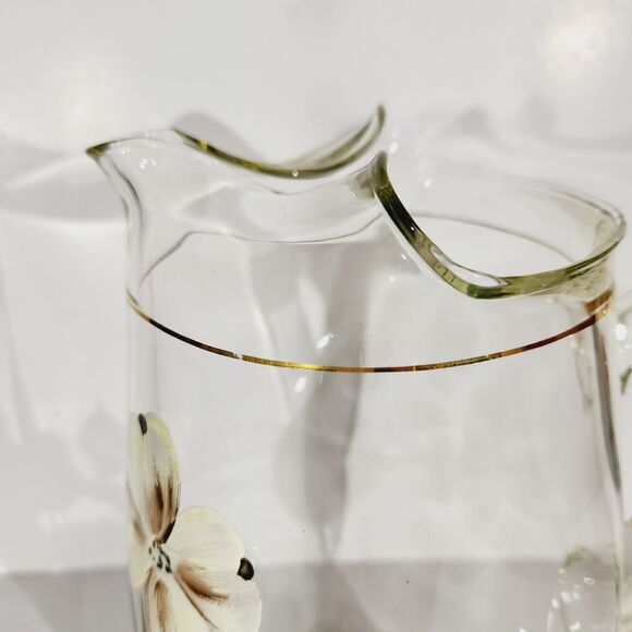 Vtg Art Glass Pitcher Hand Painted Floral Flowers White Brown MCM 9in - Picture 6 of 12